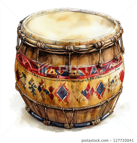 festive drum with intricate patterns and vibrant colors, showcasing craftsmanship and cultural significance. Perfect for celebrations and musical events 127720841