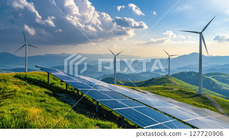 Solar panels and wind turbines on lush green hill under partly cloudy sky, showcasing renewable energy and sustainability 127720906