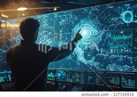 man analyzing earthquake data on futuristic digital screen, focusing on rescue operations and search efforts. scene conveys urgency and heroism 127720918