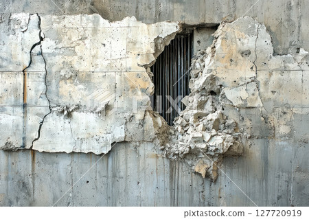 cracked concrete wall with visible damage from earthquake, exposing metal reinforcements behind surface, symbolizing resilience and destruction 127720919