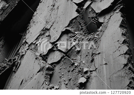 crumbled building wall after earthquake, showcasing destruction and debris, highlighting need for rescue efforts and search heroism 127720920
