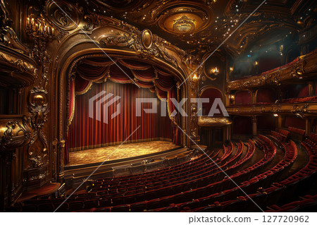 ornate theater with golden details, red velvet curtains, and luxurious seating creates grand and elegant ambiance ornate theater with golden details, red velvet curtains, and luxurious seating creates grand and elegant ambiance 127720962