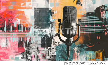 vibrant collage featuring microphone against colorful background, showcasing soundwaves and diverse speech styles 127721277