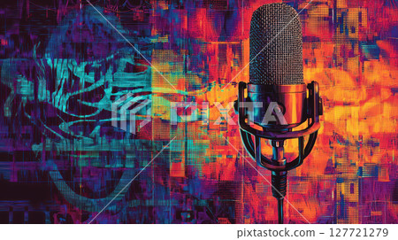 Collage of podcasting equipment featuring prominent microphone, vibrant soundwave patterns, and diverse speech styles Collage of podcasting equipment featuring prominent microphone, vibrant soundwave patterns, and diverse speech styles 127721279