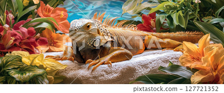 fashionable iguana basking on beach towel surrounded by tropical flowers, exuding relaxed vibe in vibrant setting 127721352