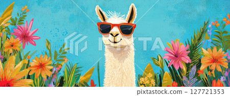 stylish llama in sunglasses stands on summer hillside surrounded by colorful flowers, radiating relaxed aloha atmosphere 127721353