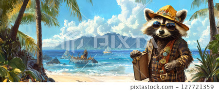 curious raccoon in summer suit exploring treasures on Hawaiian beach 127721359