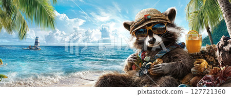 curious raccoon in summer suit enjoying treasures on Hawaiian beach 127721360