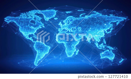Global network map with glowing connections representing data flow and communication. Ideal for technology and business themes Global network map with glowing connections representing data flow and communication. Ideal for technology and business themes 127721410