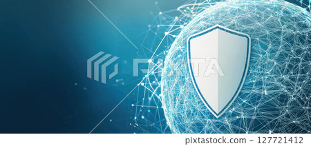 Globe composed of data points with shield overlay for data security, conveying protection and safety 127721412