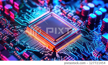 digital world inside computer chip with glowing pathways and surreal colors digital world inside computer chip with glowing pathways and surreal colors 127721454