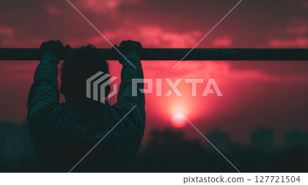 Man exercising on pull up bar at sunset with dramatic red sky and city silhouette in background 127721504