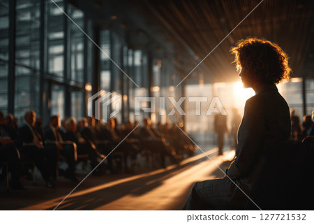 Young businesswoman sitting in modern conference room with sunlight streaming through large windows creating warm atmosphere Young businesswoman sitting in modern conference room with sunlight streaming through large windows creating warm atmosphere 127721532