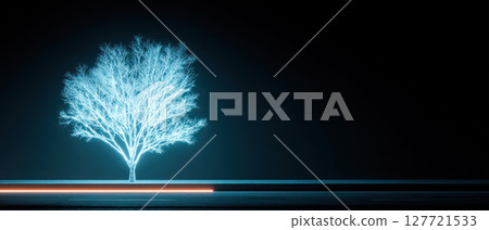 Minimalist glowing blue tree on dark background symbolizing growth and futuristic energy in serene night setting Minimalist glowing blue tree on dark background symbolizing growth and futuristic energy in serene night setting 127721533