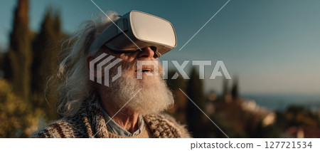 Elderly man enjoying virtual reality experience outdoors with peaceful expression and scenic background Elderly man enjoying virtual reality experience outdoors with peaceful expression and scenic background 127721534