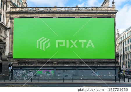 High resolution green screen billboard in London, ideal for branding opportunities, street level view 127721666