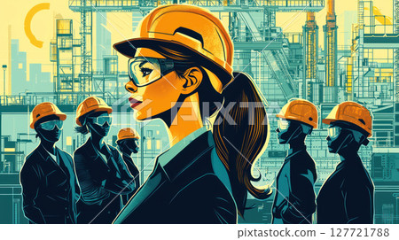 Businesswoman industrial setting leading team of engineers, wearing safety helmets and glasses, showcasing innovation and 127721788