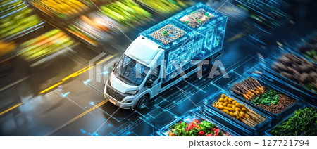 delivery van with smart technology for efficient food logistics, showcasing fresh produce and advanced features delivery van with smart technology for efficient food logistics, showcasing fresh produce and advanced features 127721794