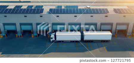Modern eco friendly warehouse with solar panels and logistics trucks Modern eco friendly warehouse with solar panels and logistics trucks 127721795