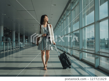 Young woman getting ready for a trip at the airport and waiting to depart 127721829