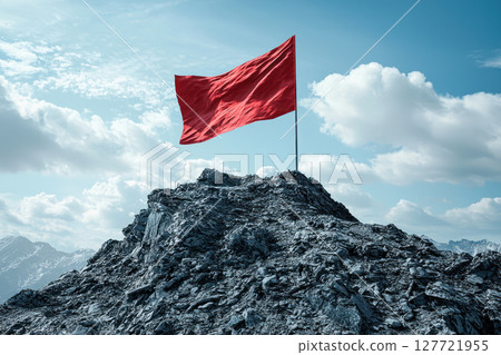 red flag stands tall on rocky mountain peak, symbolizing achievement and leadership red flag stands tall on rocky mountain peak, symbolizing achievement and leadership 127721955