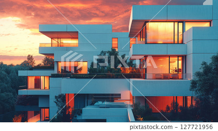 Modern condominium complex with striking architecture and sunset glow 127721956
