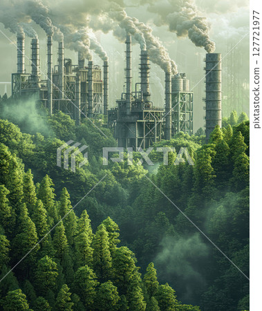 Factory with trees growing, showcasing carbon offsetting and clean energy strategy. visual representation of ESG compliance 127721977