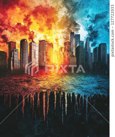 Abstract depiction of rising temperatures and ESG rating impact, showcasing policy adjustments in vibrant cityscape 127722033