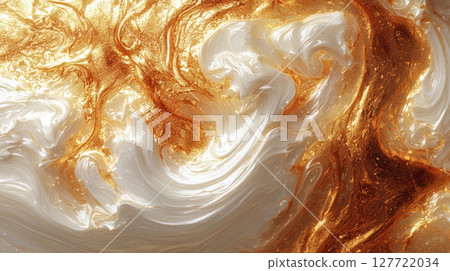 Abstract swirls of gold and white paint create mesmerizing texture 127722034
