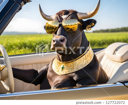 Stylish Bull in Luxury Convertible Wearing Sunglasses and Gold Collar. advertising, branding, financial 127722072