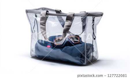A clear pool bag holds a navy towel and goggles. 127722081