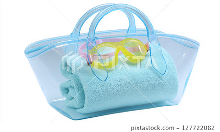A light blue transparent pool bag contains a towel and goggles 127722082