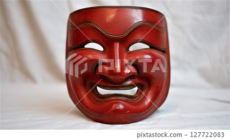 A traditional Japanese Okame mask painted red is placed on a fabric background 127722083