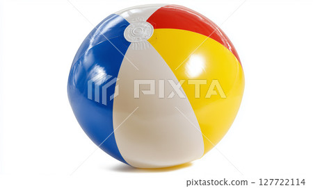 Colorful beach balls in red, blue, yellow and white are placed on a white background 127722114