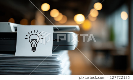 Paper with light bulb icon on office printer shows creative idea concept with blurred background lights 127722125
