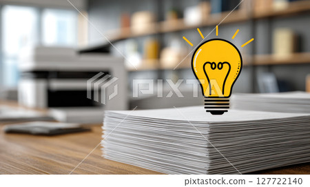 Stack of white paper on wooden desk with glowing light bulb icon symbolizing idea in office environment 127722140
