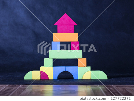 structure is built from children's blocks, toy, children's game 127722271