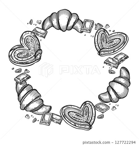 A wreath of sweet buns, croissants, chocolate. All objects are hand-drawn in vector. The illustration is suitable for printing on food packaging, menu design, and bakery interiors. 127722294