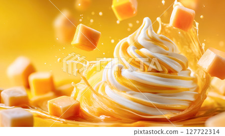 Frozen mango yogurt swirls topped with vibrant mango cubes, splashes of juice creating a refreshing dessert experience with bright colors and textures 127722314