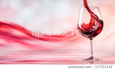 Red wine is being poured into a glass, creating dynamic splashes and swirling patterns against a soft blurred background, showcasing elegance and motion 127722318