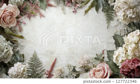 vintage floral frame with roses, hydrangeas, and ferns in muted tones of pink, cream, and green, creating timeless aesthetic vintage floral frame with roses, hydrangeas, and ferns in muted tones of pink, cream, and green, creating timeless aesthetic 127722346