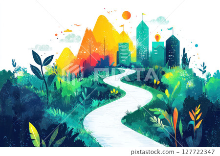 vibrant landscape featuring winding path through lush greenery, mountains, and colorful buildings 127722347