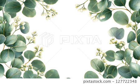 minimalist floral border featuring green eucalyptus leaves and white flowers, creating modern and elegant aesthetic with soft 127722348