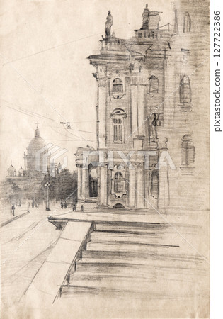 architecture, pencil drawing illustration, sketch architecture, pencil drawing illustration, sketch 127722386