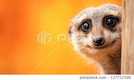 Curious meerkat peeking from behind a wooden post, with a vibrant orange background, showcasing playful animal behavior and natural habitat Curious meerkat peeking from behind a wooden post, with a vibrant orange background, showcasing playful animal behavior and natural habitat 127722506