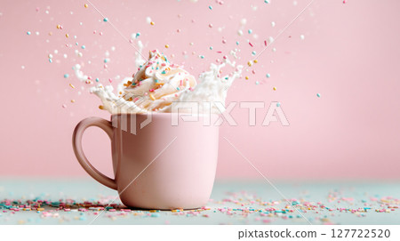 Pink cup overflowing with whipped cream and colorful sprinkles, creating a joyful splash against a soft pastel background, evoking a sense of celebration 127722520