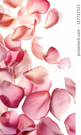 Delicate pink rose petals gracefully falling against a clean white background, creating a serene and romantic atmosphere for various design projects 127722521