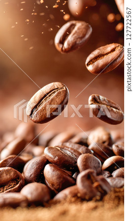 Coffee beans are floating above a bed of ground coffee, creating an enticing visual of freshness and aroma in a warm, inviting atmosphere 127722567