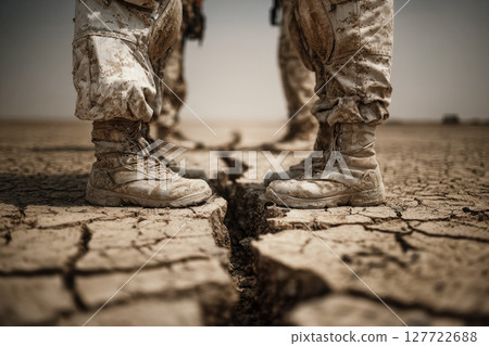 Two soldiers standing on cracked dry ground in combat boots Two soldiers standing on cracked dry ground in combat boots 127722688