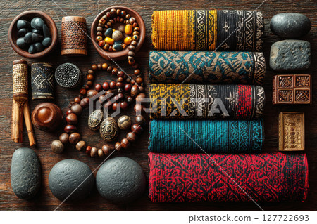 Tribal fabrics and handmade ethnic jewelry, close-up Tribal fabrics and handmade ethnic jewelry, close-up 127722693